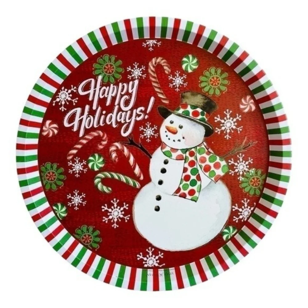 Lindy Bowman Tin Round Christmas Platter Tray Happy Holidays 12 1/4” Diameter